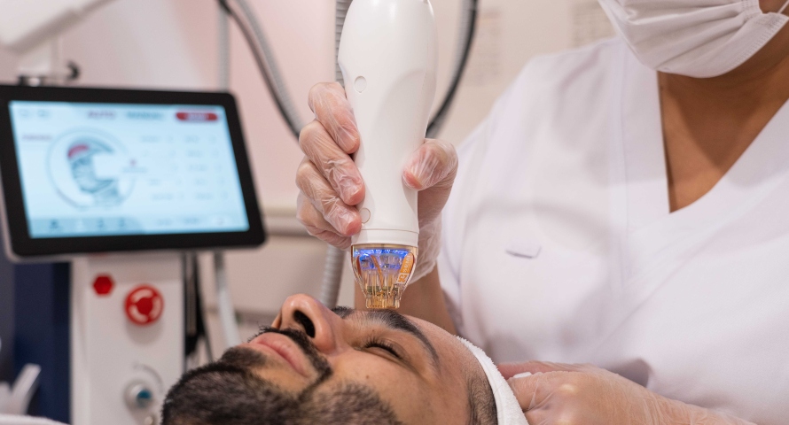 A skincare professional performing a Secret RF microneedling treatment on a man's face at a clinic.