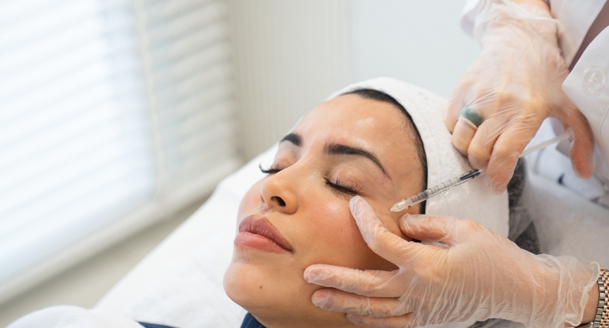 Woman receiving a Botox injection near her brow area while lying down with her eyes closed.